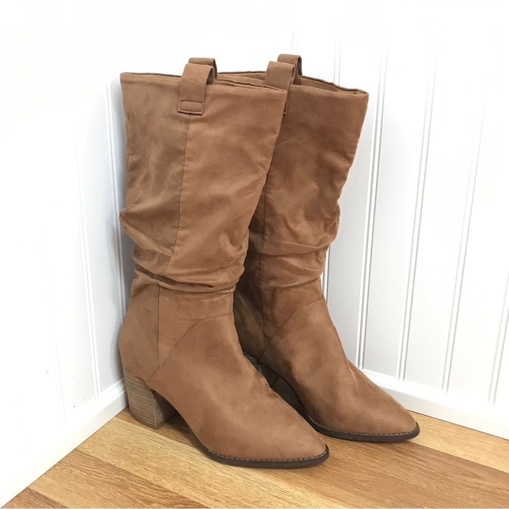 REPORT Faux Suede Slouch Midi Boot Size 8 Tan Brown High Block Heel Western